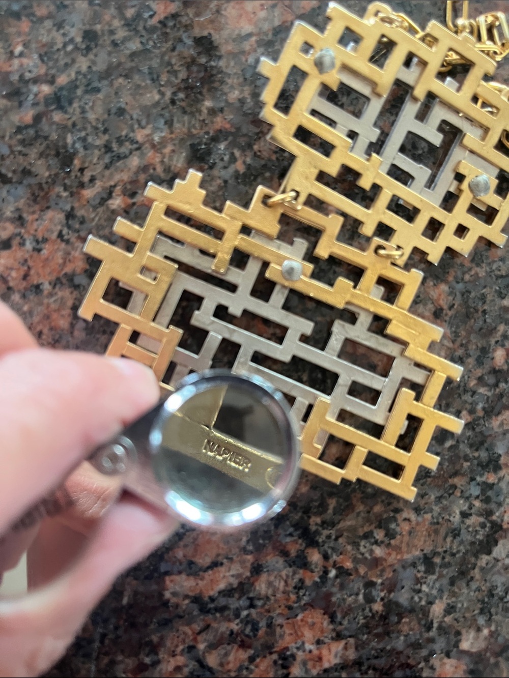 Vtg Napier 70s Geometric Maze Gold Silver 2 Pendant Statement Necklace Brutalist - Picture 5 of 6